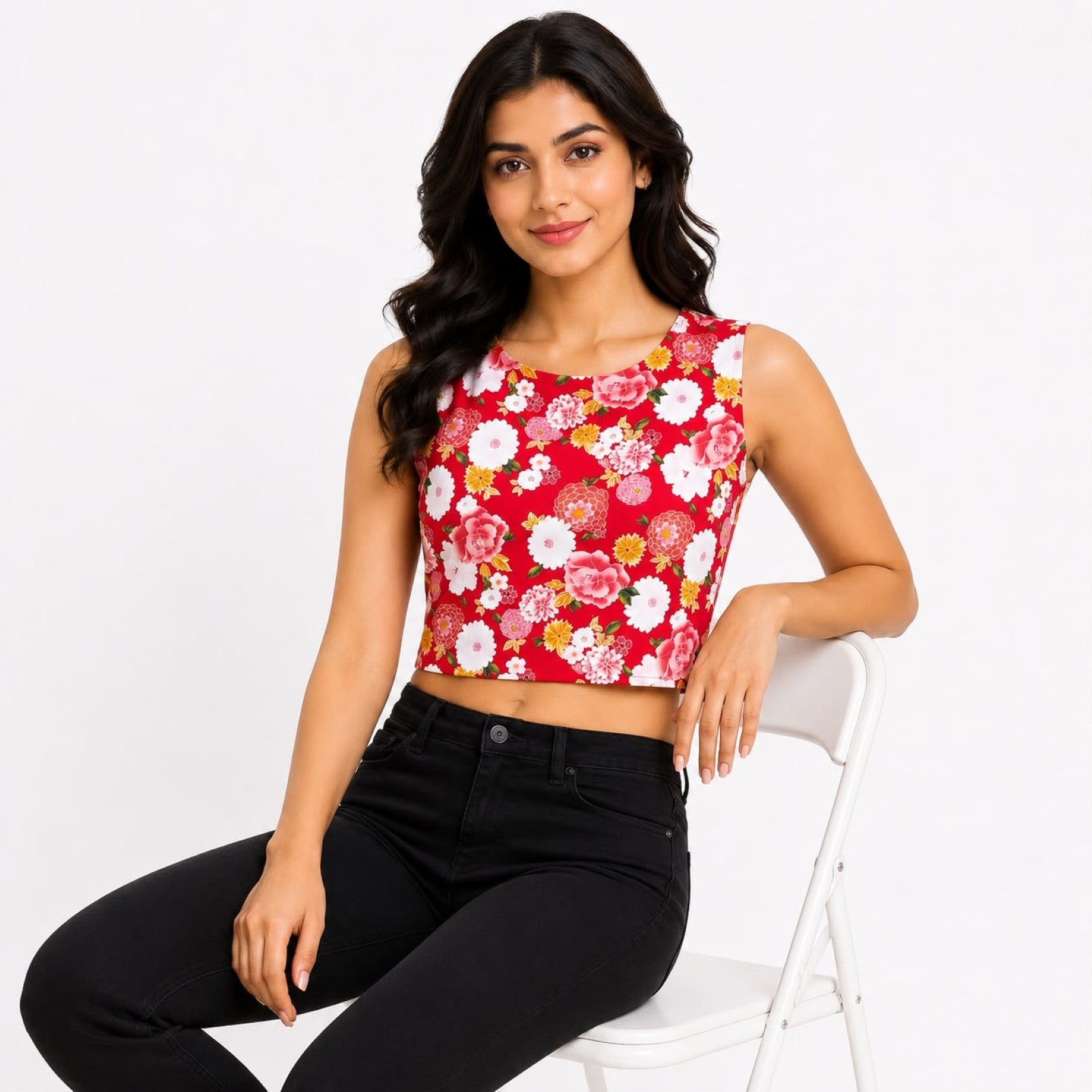 Women's Red Floral Printed Sleeveless Crop Top-2