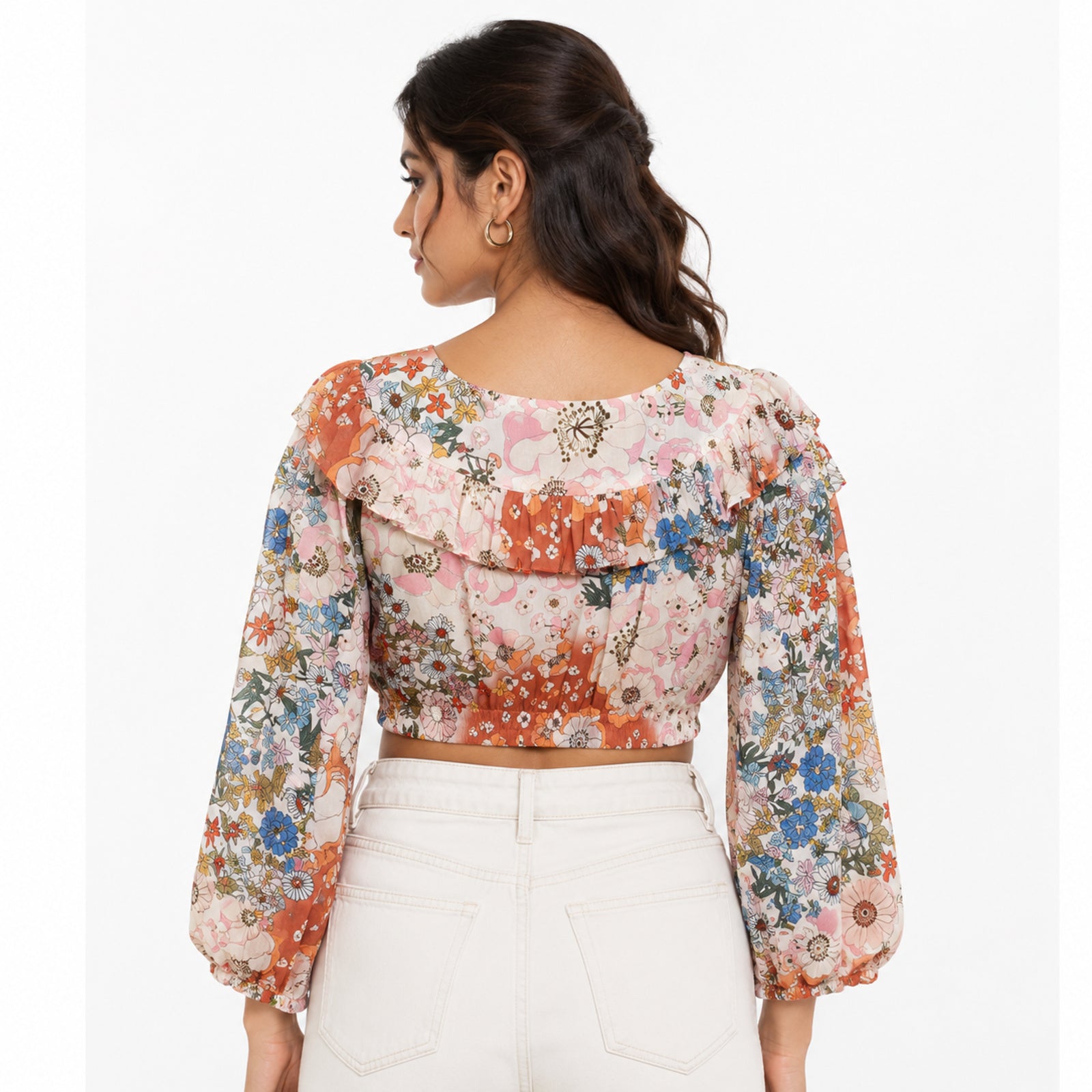 Women's Floral Print Ruffle Neck Crop Top with Tie-Up Detail-4