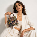 Women's Navy Blue Paisley Print Mini Handbag with Chain Strap-1