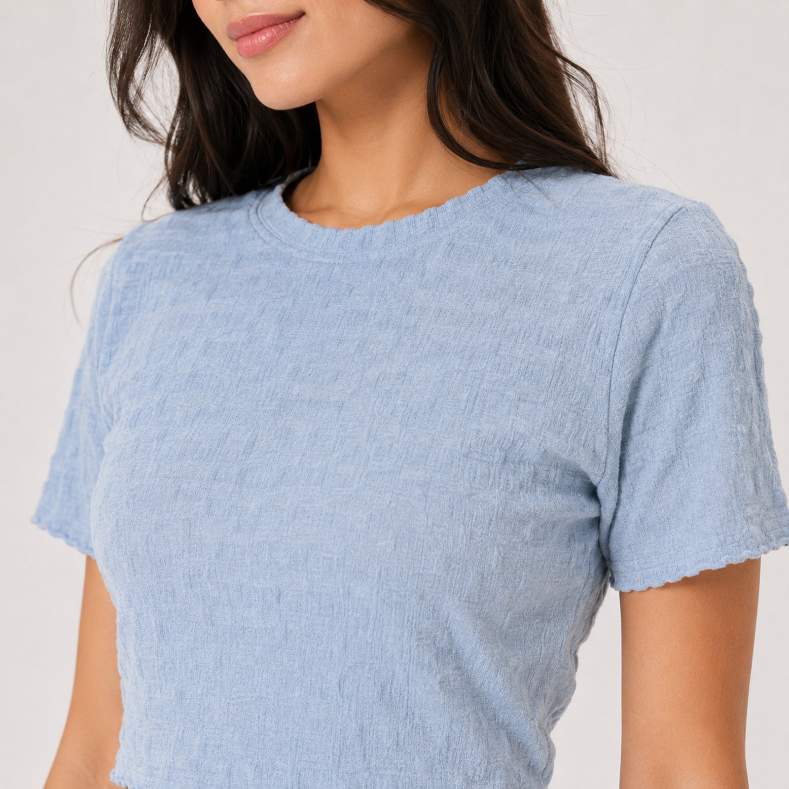 Women's Sky Blue Textured Short Sleeve Top-2