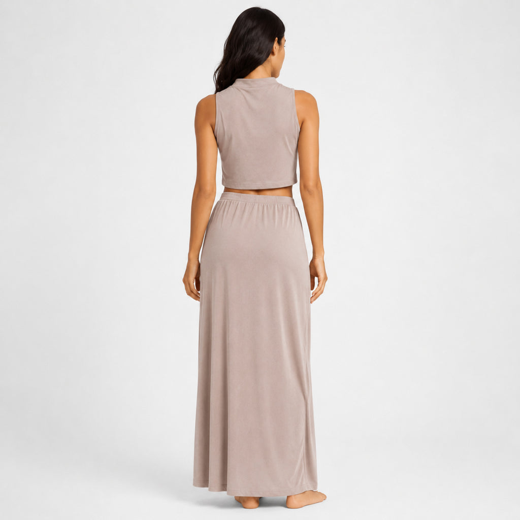 Women's Peach Sleeveless Mock Neck Crop Top & Maxi Skirt Co-Ord Set-4