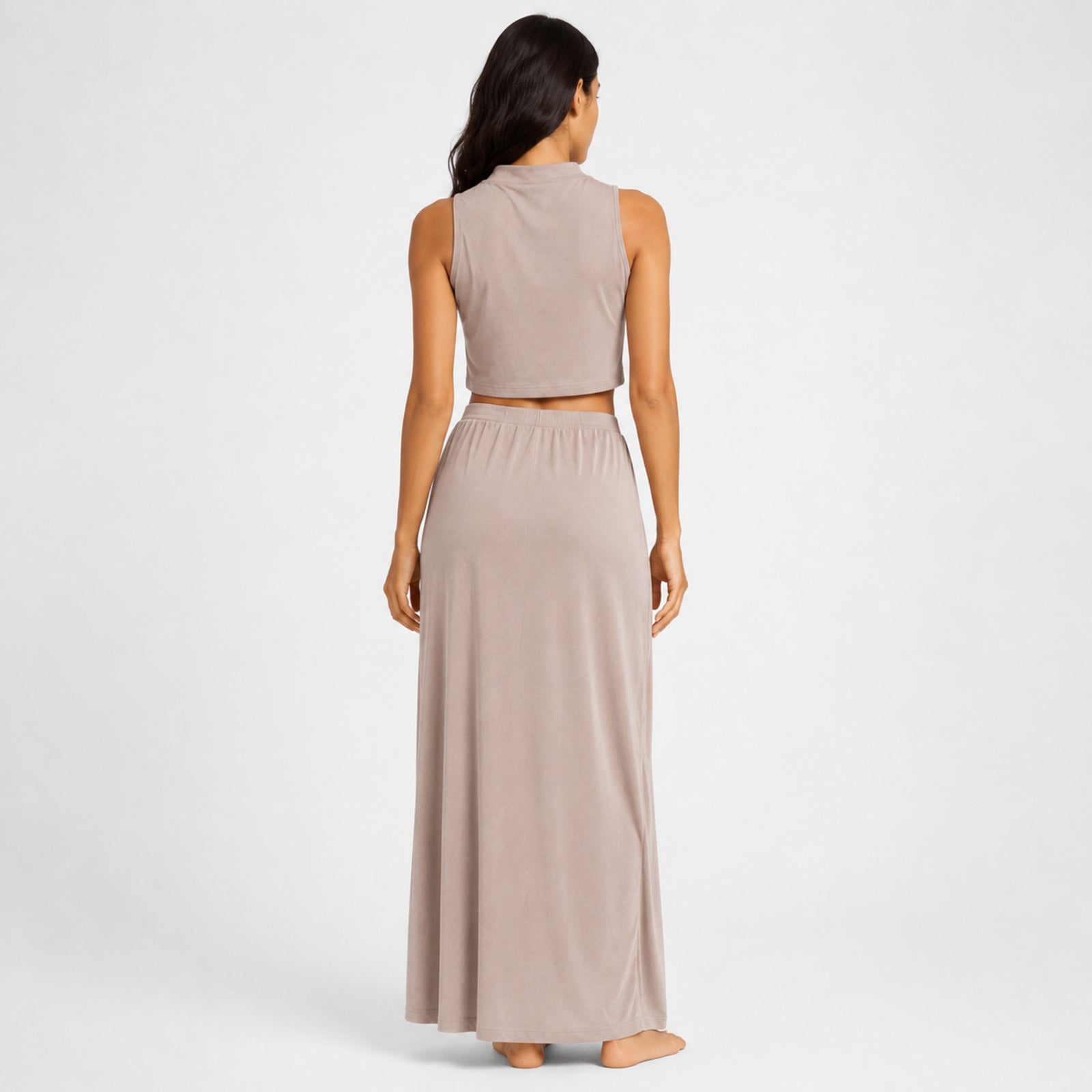 Women's Peach Sleeveless Mock Neck Crop Top & Maxi Skirt Co-Ord Set-4