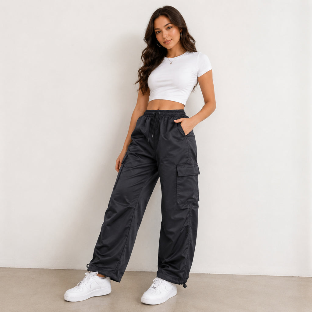 Women's Black Wide Leg Cargo Track Pants-3