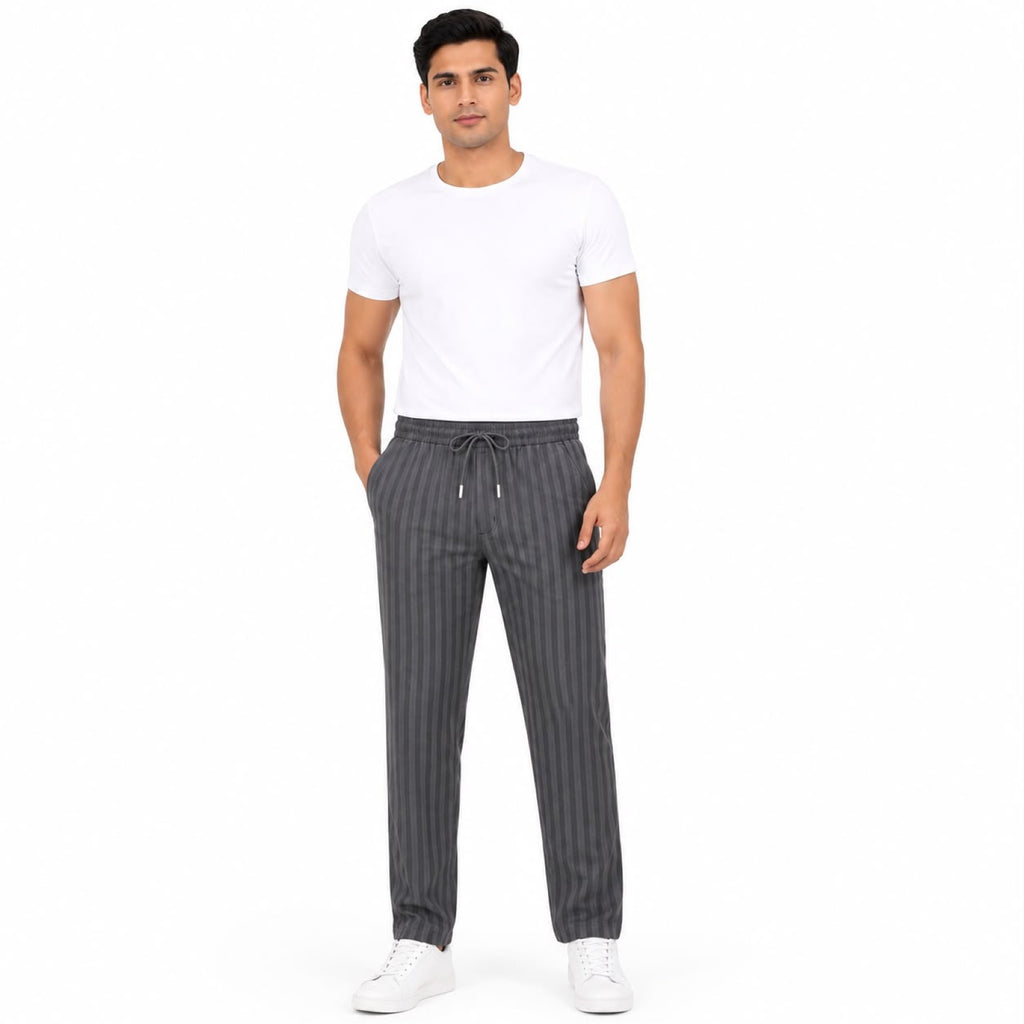 Men's Green Pinstripe Elastic Waist Straight Fit Casual Pants-1