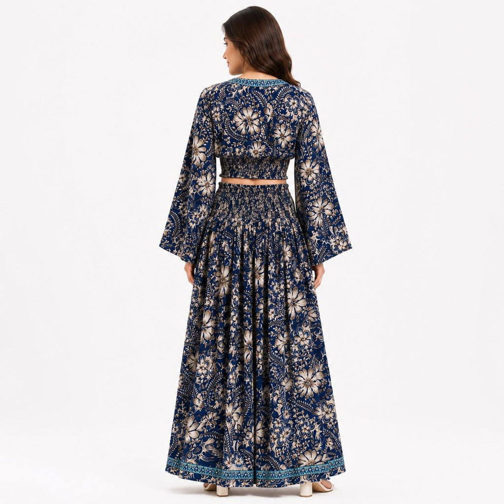 Women's Bohemian Chic Navy Blue Floral Flare-Sleeve Crop Top and Maxi Skirt Set-4