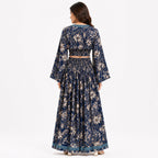 Women's Bohemian Chic Navy Blue Floral Flare-Sleeve Crop Top and Maxi Skirt Set-4