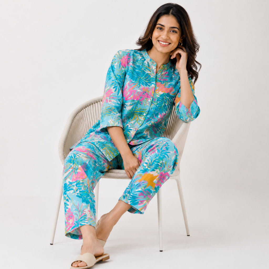 Women's Sky Blue Tropical Printed Night Suit Co-Ord Set-3