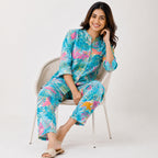 Women's Sky Blue Tropical Printed Night Suit Co-Ord Set-3