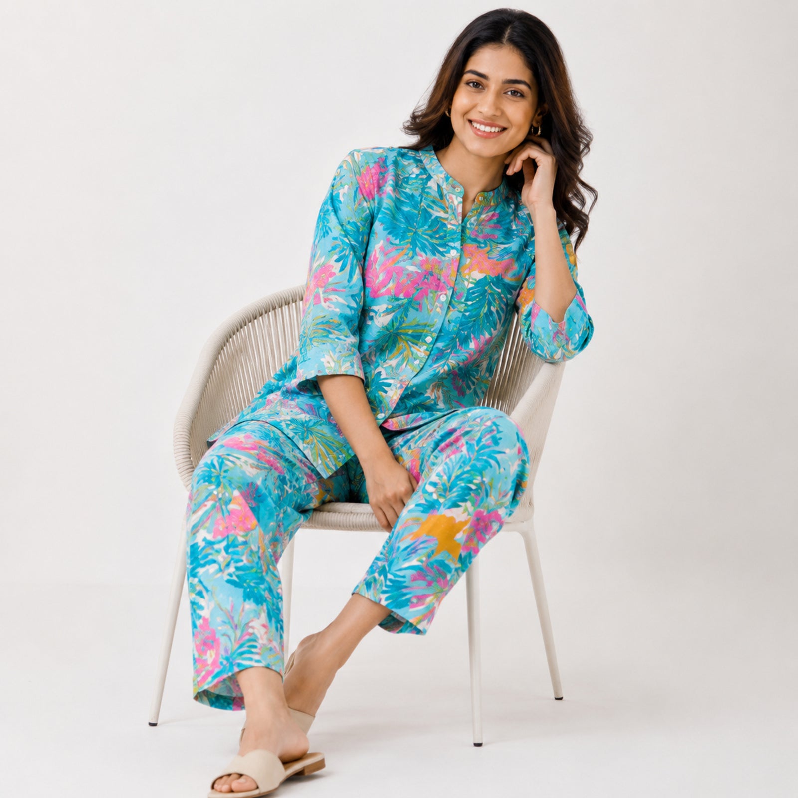 Women's Sky Blue Tropical Printed Night Suit Co-Ord Set-3