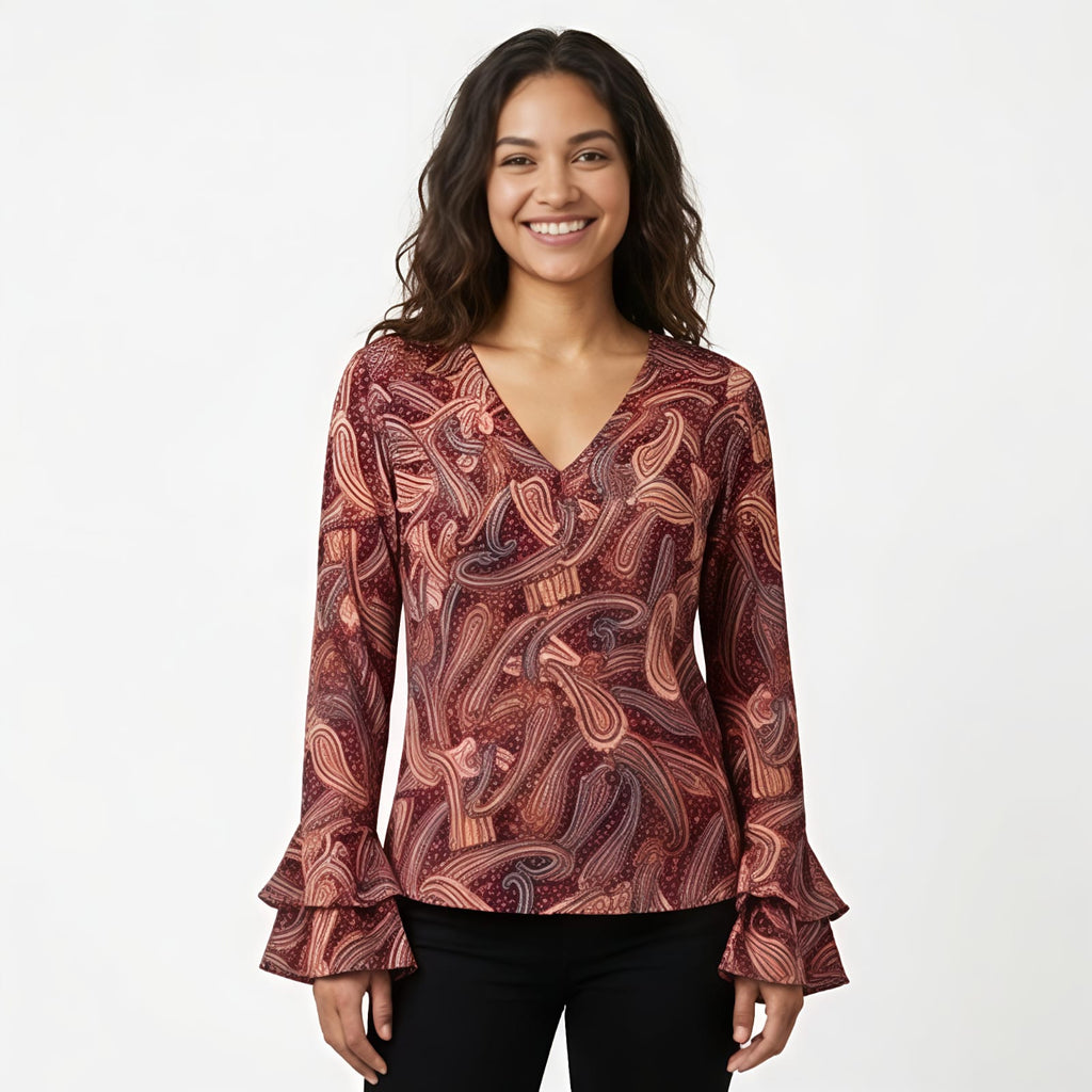 Women's Paisley Print V-Neck Ruffle Sleeve Top-1