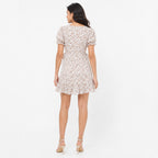 Women's Beige Floral Print Square Neck Puff Sleeve Mini Dress | Fit and Flare Casual Dress-4