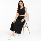 Women's Black Sleeveless Crop Top & Midi Skirt Co-Ord Set-3