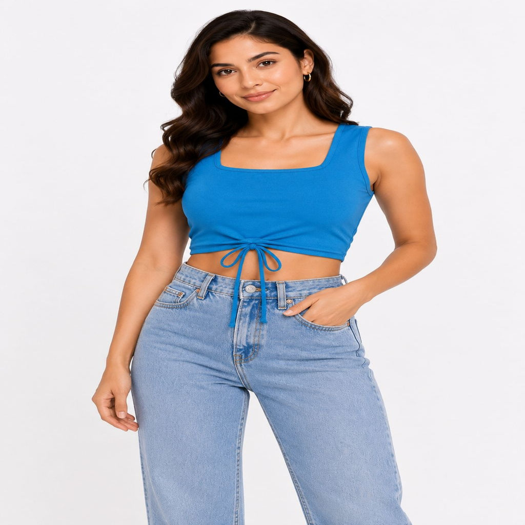 Women's Sovereign Teal Square-Neck Tank Crop Top with Adjustable Hemline Drawstring-1