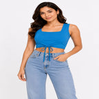 Women's Sovereign Teal Square-Neck Tank Crop Top with Adjustable Hemline Drawstring-1