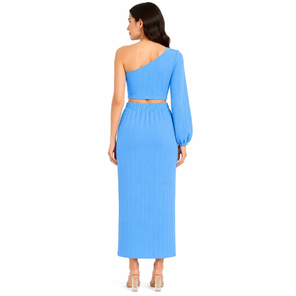 Women's Blue One-Shoulder Crop Top and Maxi Skirt Co-Ord Set-4