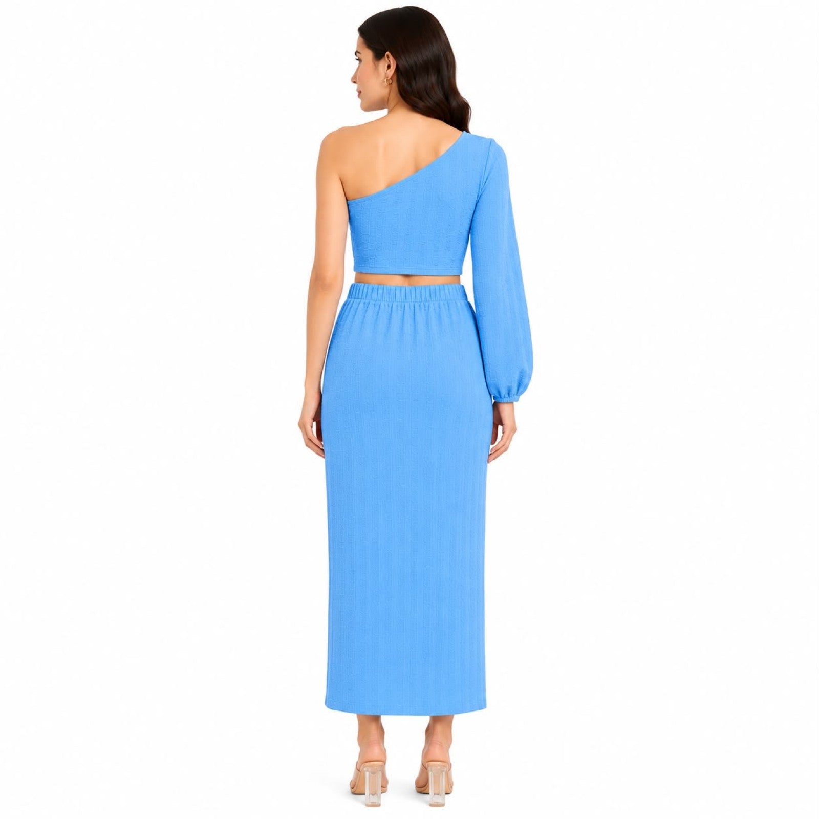 Women's Blue One-Shoulder Crop Top and Maxi Skirt Co-Ord Set-4