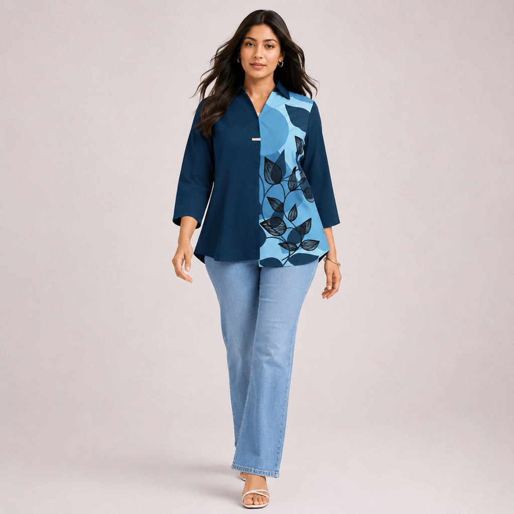 Women's Avant-Garde Teal Cerulean Abstract Leaf Print Asymmetric Tunic Shirt-2