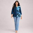 Women's Avant-Garde Teal Cerulean Abstract Leaf Print Asymmetric Tunic Shirt-2