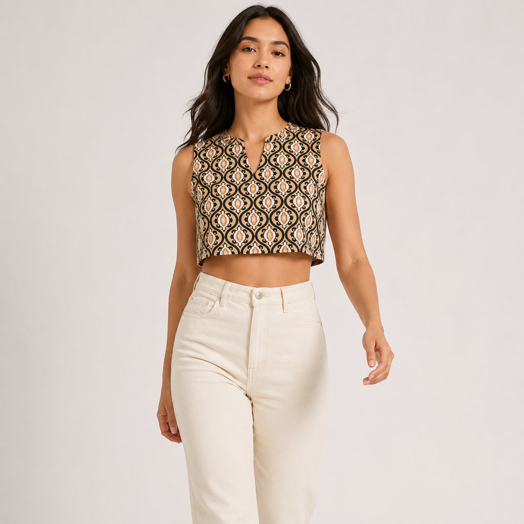 Women's Brown Geometric Print Sleeveless Top-1