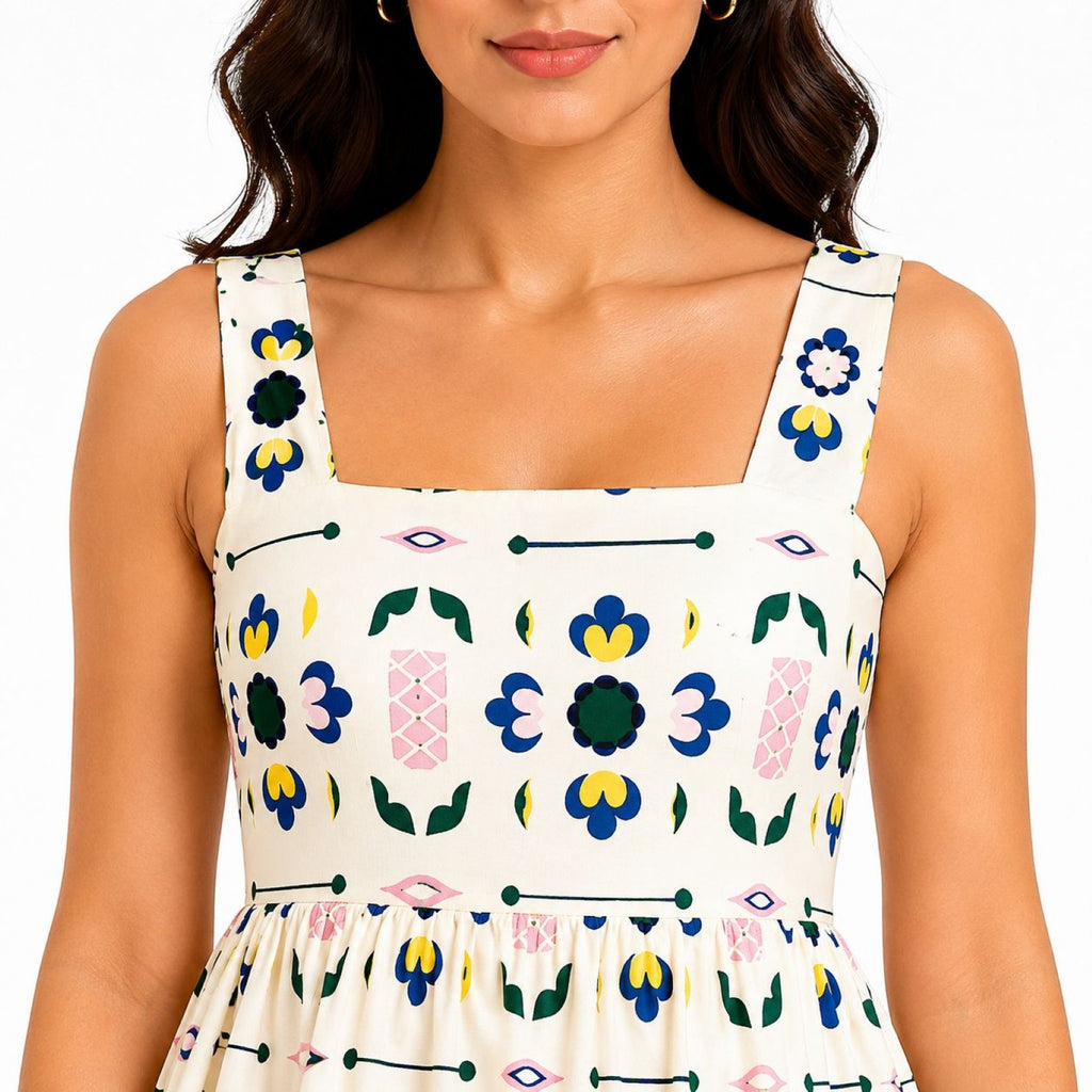Women's Cream Floral Print Sleeveless Square Neck Fit & Flare Mini Dress-4