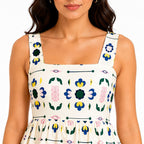 Women's Cream Floral Print Sleeveless Square Neck Fit & Flare Mini Dress-4
