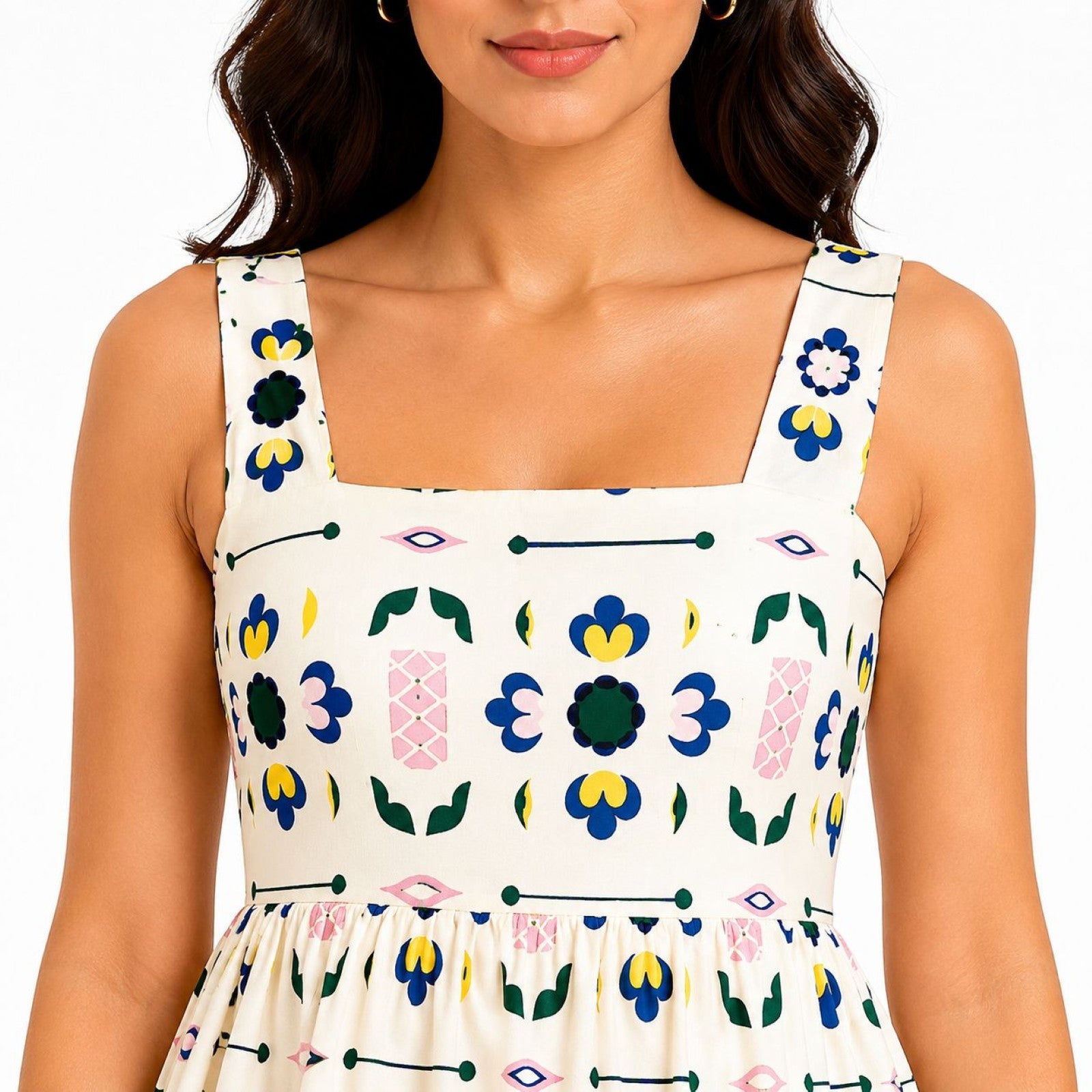 Women's Cream Floral Print Sleeveless Square Neck Fit & Flare Mini Dress-4
