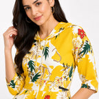 Women's Yellow Floral Printed Hooded Midi Dress with 3/4 Sleeves | Casual A-Line Dress-3
