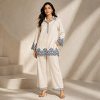 Women's Off-White Floral Embroidered Collared Kurta and Pants Co-ord Set-4
