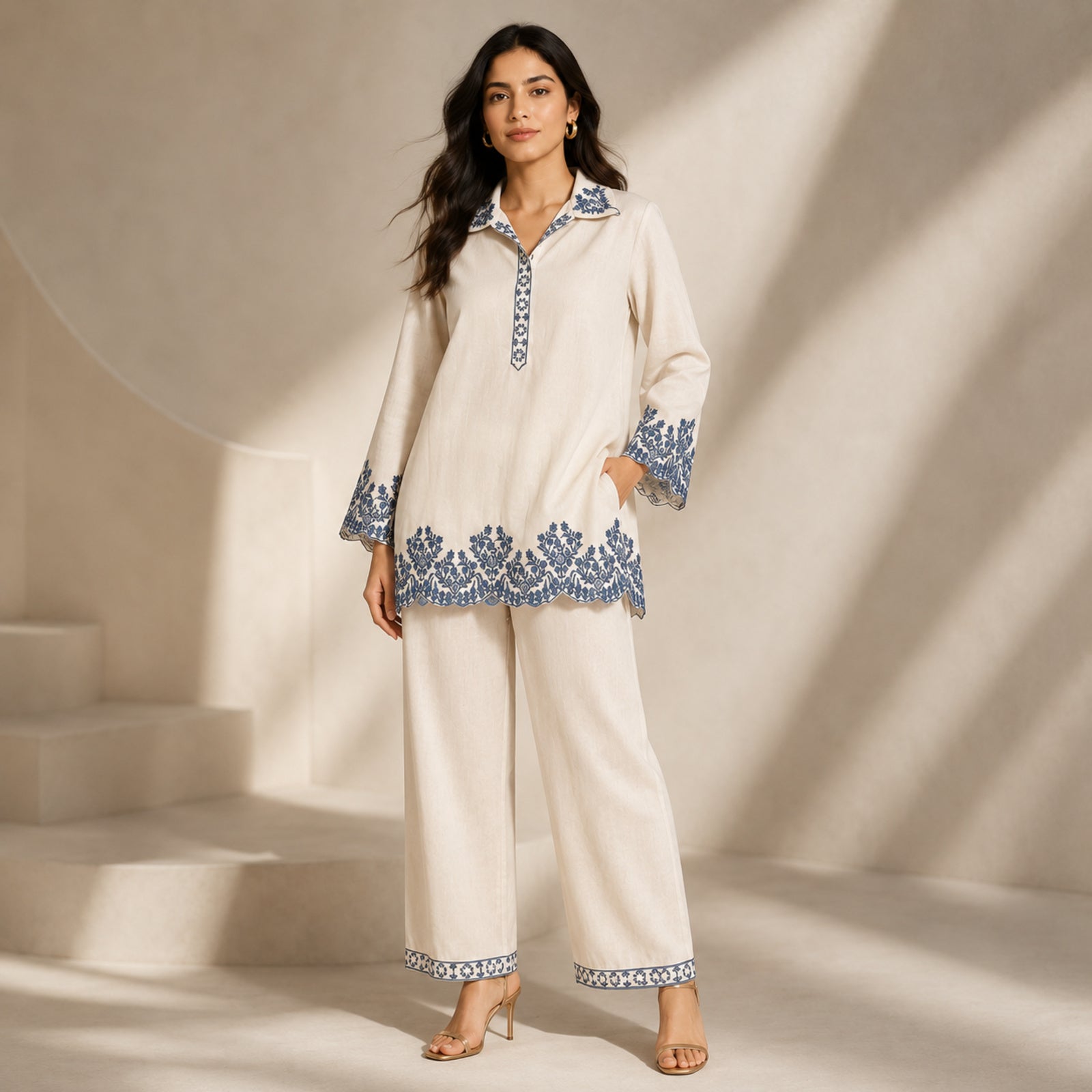 Women's Off-White Floral Embroidered Collared Kurta and Pants Co-ord Set-4