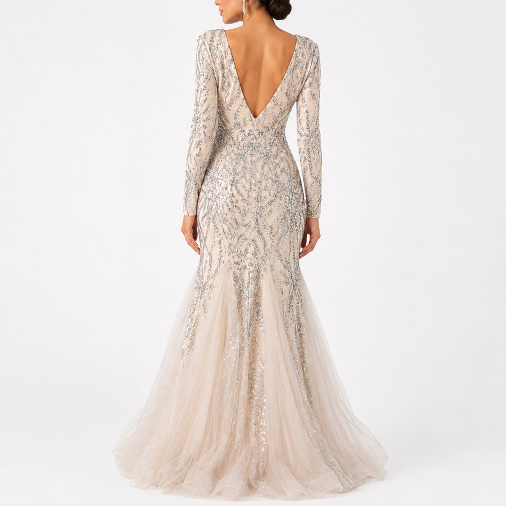 Women's Glamorous Sequined Cream Mesh Mermaid Evening Gown-4