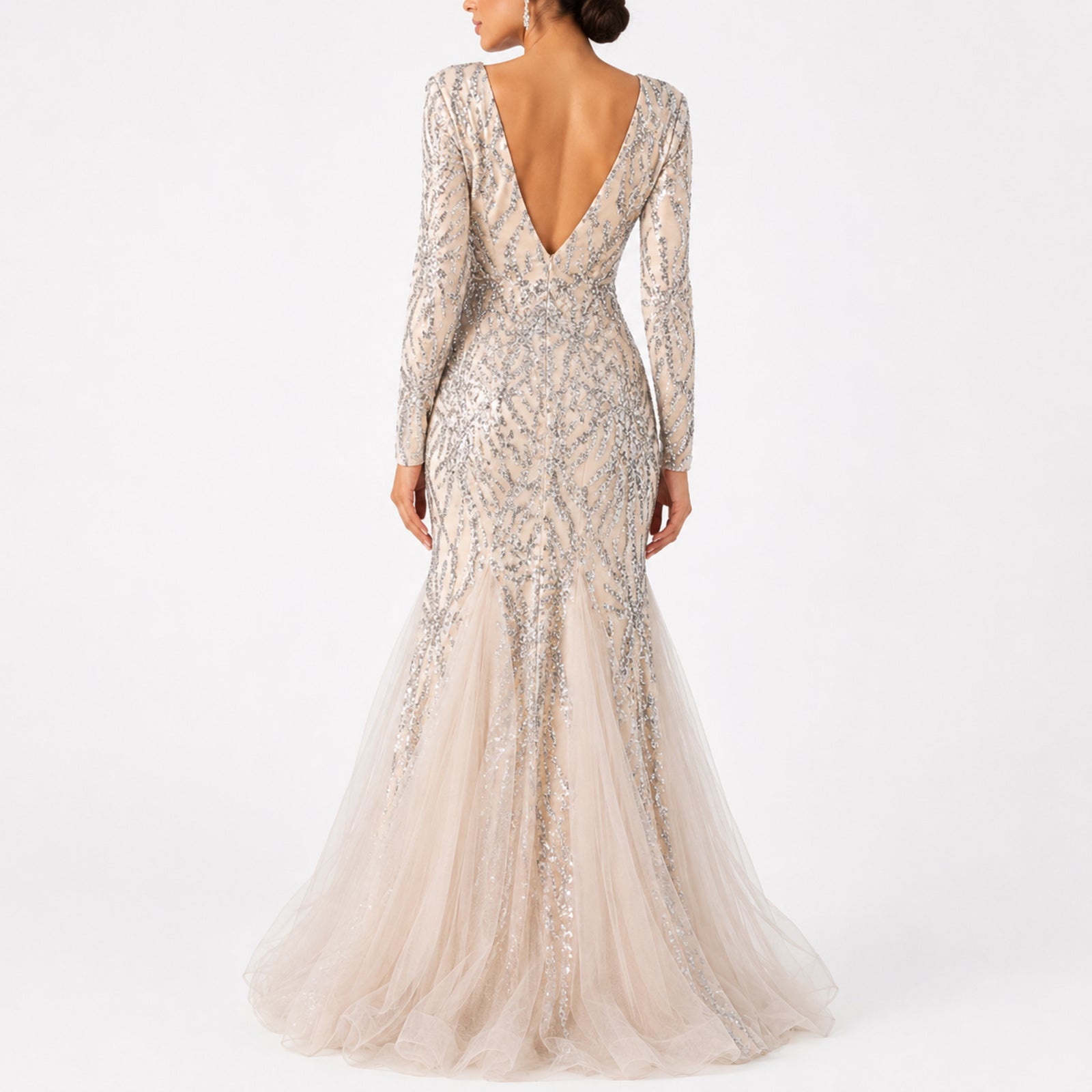 Women's Glamorous Sequined Cream Mesh Mermaid Evening Gown-4