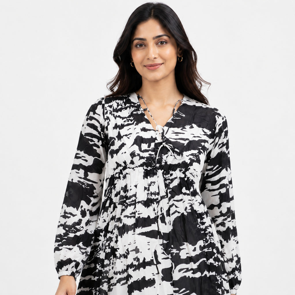 Women's White Abstract Print Flowy Midi Dress with Tie Neck Detail-2