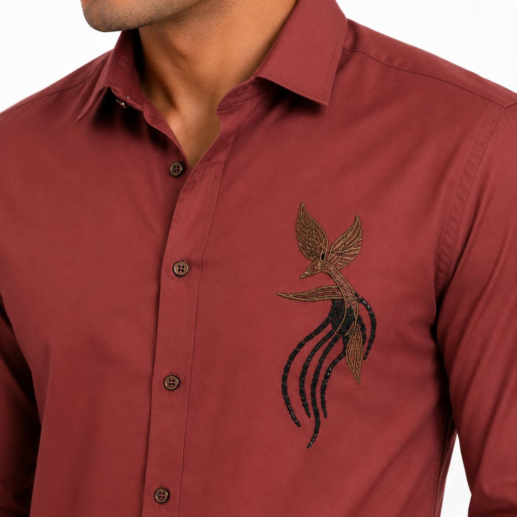 Men's Rust Embroidered Detail Full Sleeve Smart Casual Shirt-2