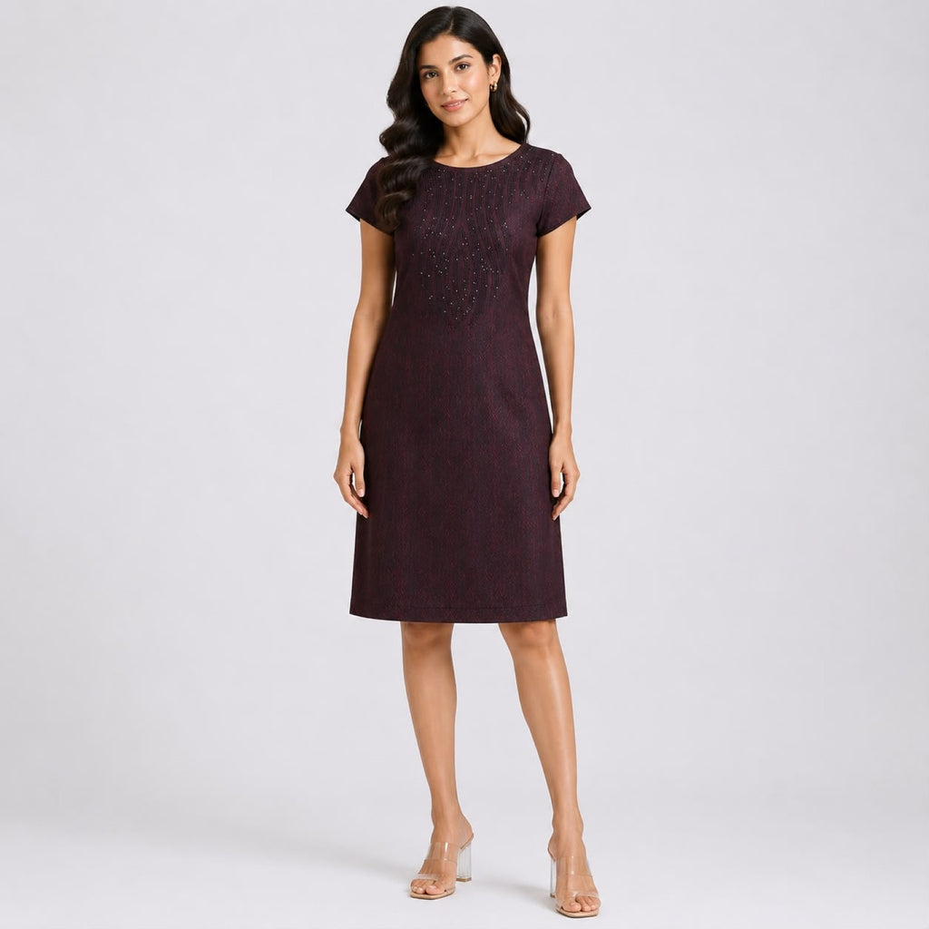 Women's Sophisticated Wine Textured Sheath Dress with Embellished Bodice-1