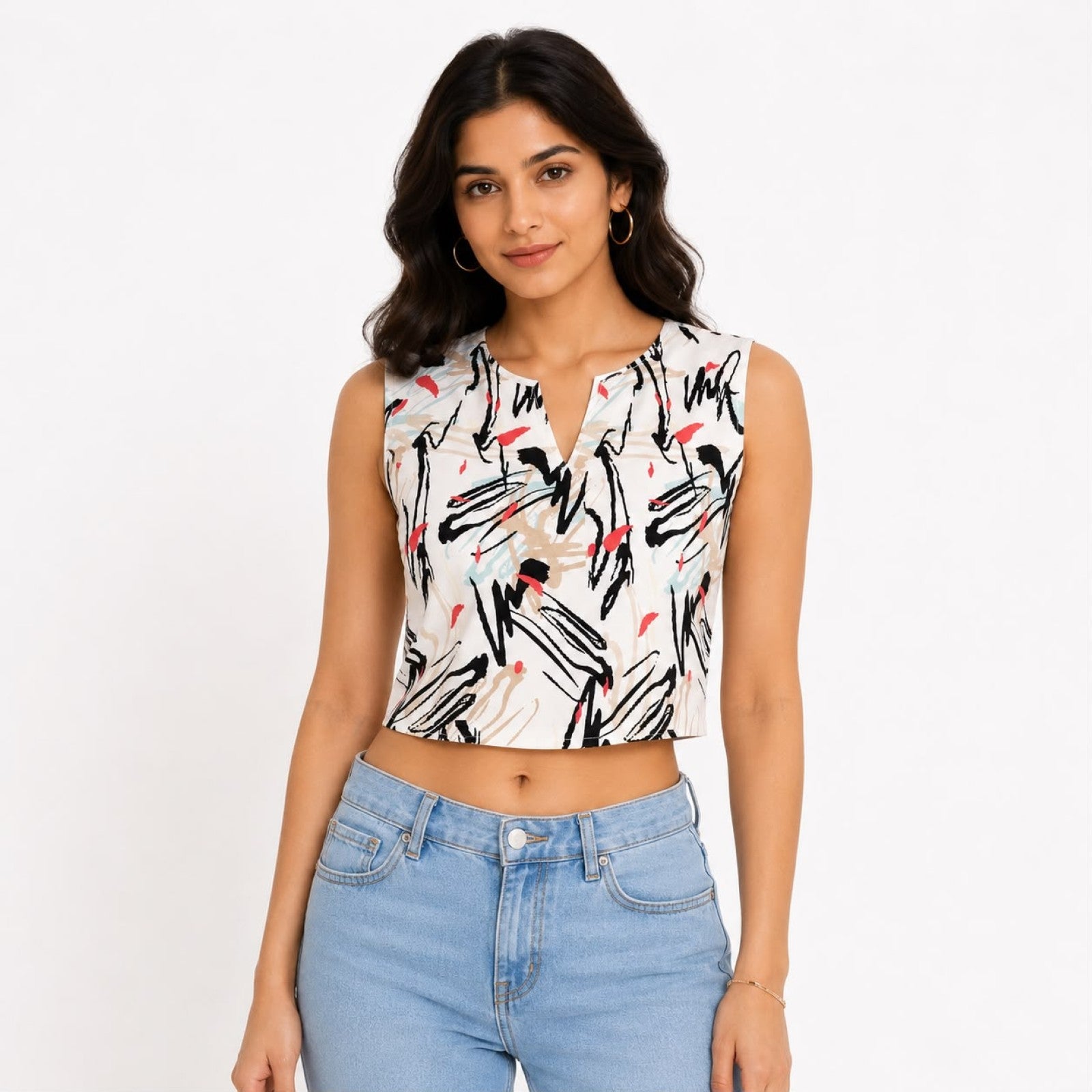 Women's Cream Abstract Printed Sleeveless Crop Top-3