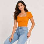 Women's Sunlit Ember Orange Ribbed Square Neck Crop Top-1