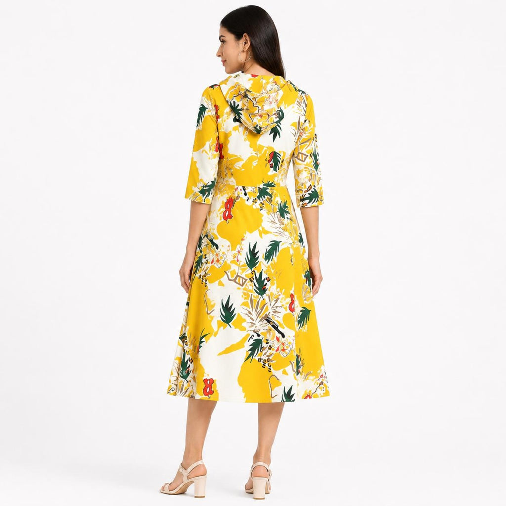 Women's Yellow Floral Printed Hooded Midi Dress with 3/4 Sleeves | Casual A-Line Dress-4