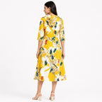 Women's Yellow Floral Printed Hooded Midi Dress with 3/4 Sleeves | Casual A-Line Dress-4