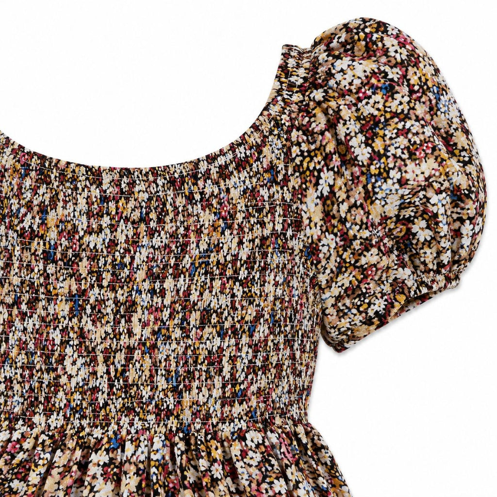 Women's Multicolor Floral Print Smocked Puff Sleeve Handkerchief Mini Dress-4
