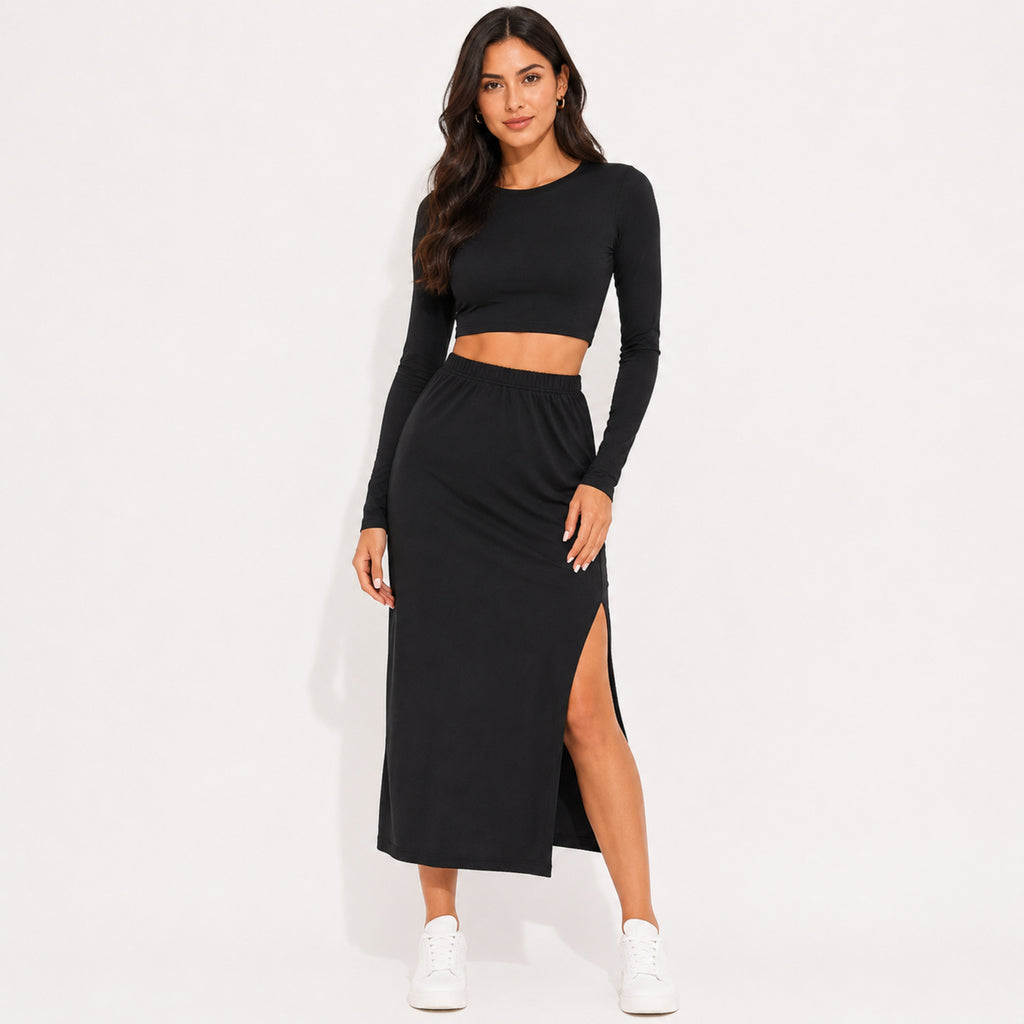 Women's Black Long Sleeve Crop Top and Side Slit Maxi Skirt Co-Ord Set-1
