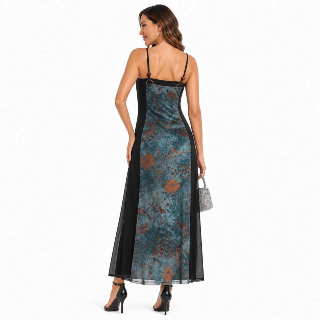 Women's Contrast Panel Spaghetti Strap Midi Dress-4