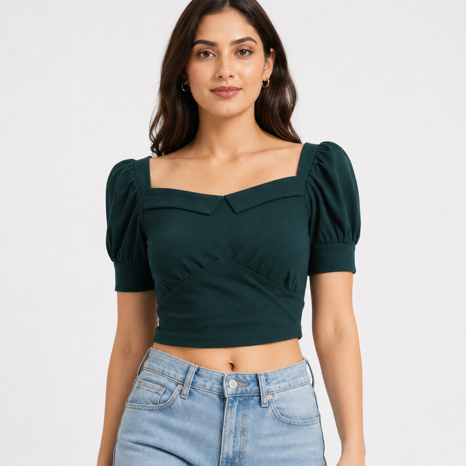 Women's Dark Green Square Neck Puff Sleeve Wrap Crop Top | Fitted Casual Blouse-1