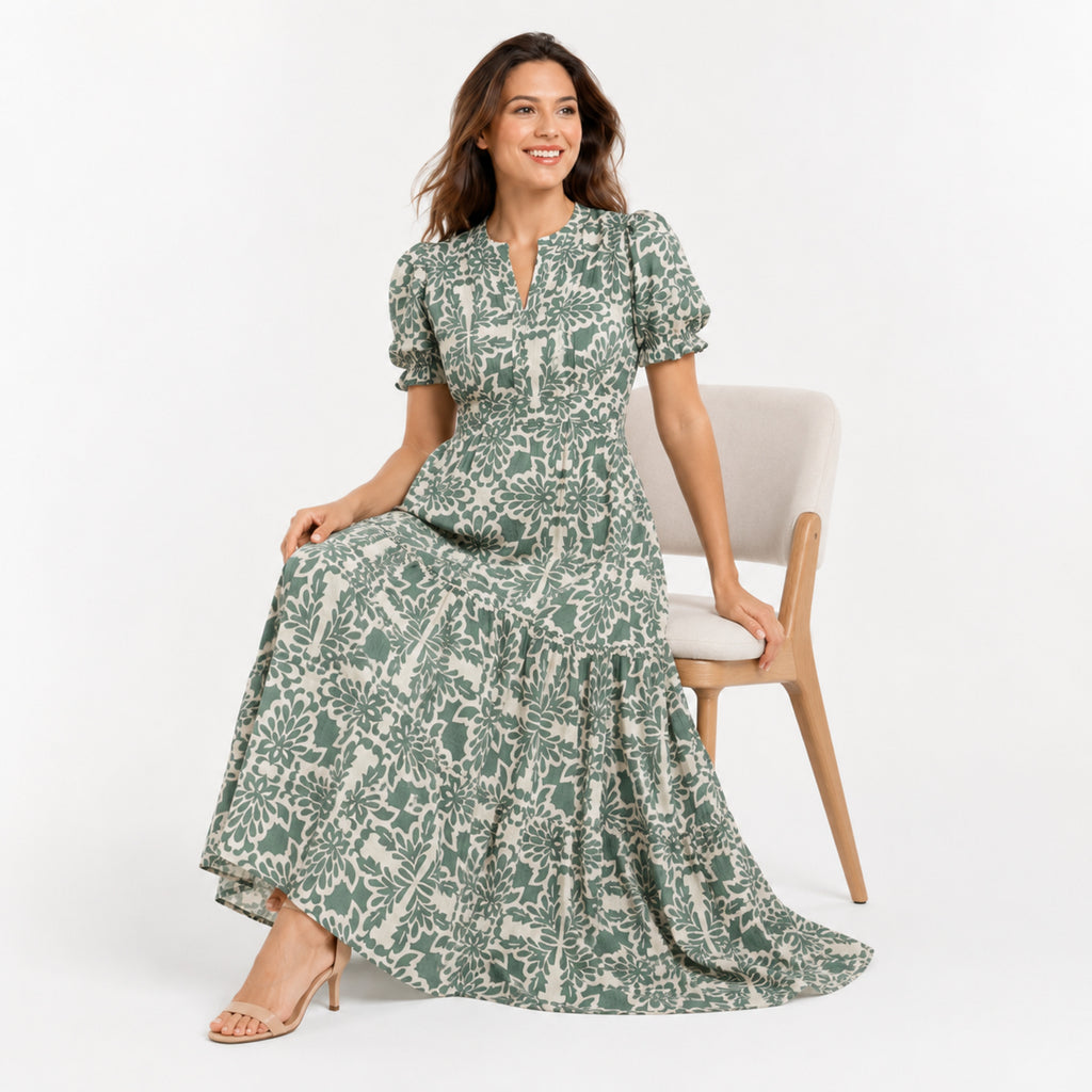 Women's Green Floral Print Notch Neck Puff Sleeve Tiered Maxi Dress | Elegant Flared Day Dress-3
