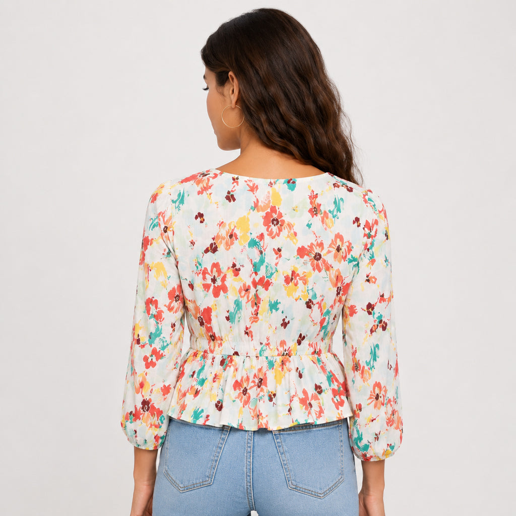 Women's Solstice Bloom Orange Printed Peplum Top-4