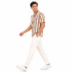 Men's Beige & White Vertical Stripe Polo T-Shirt-2