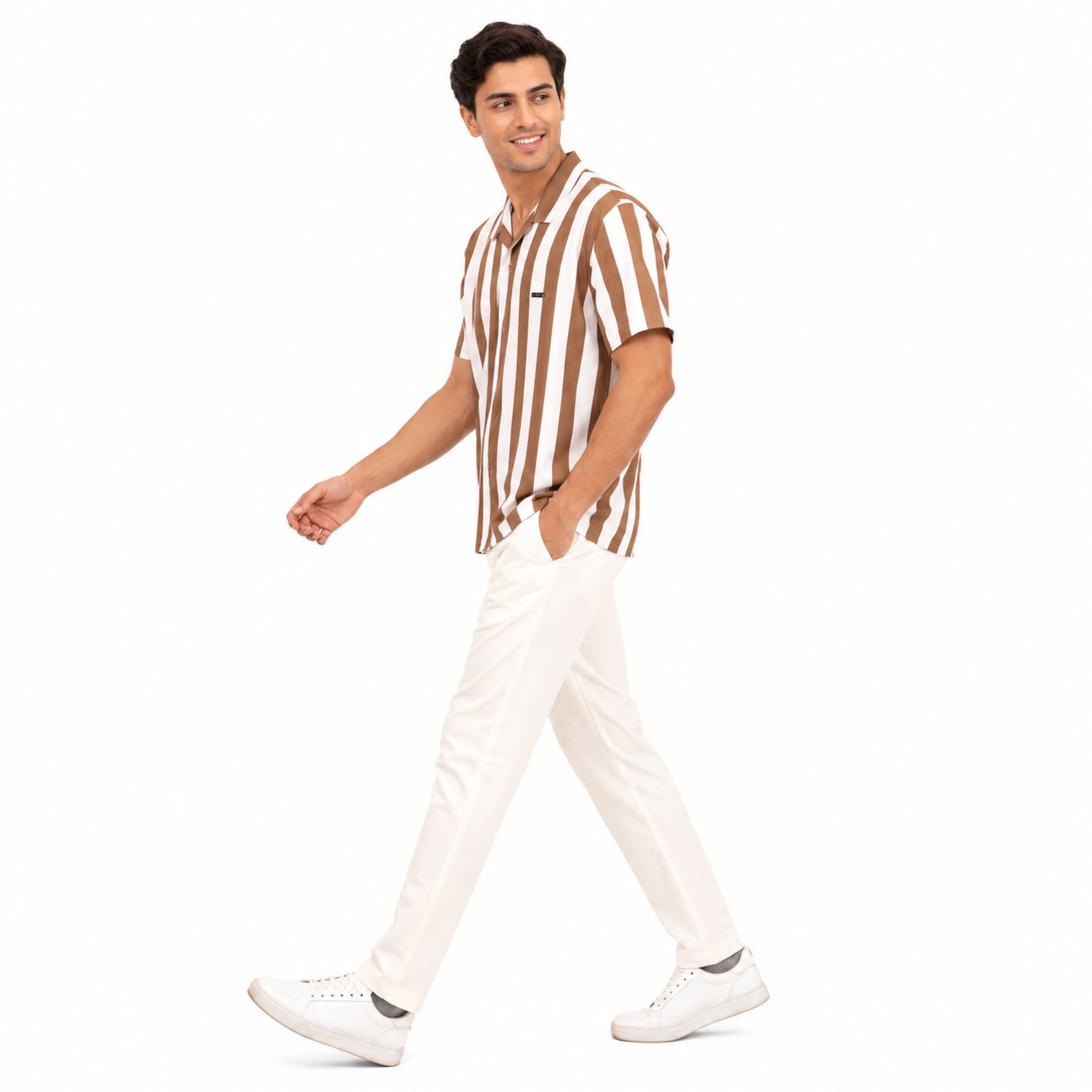 Men's Beige & White Vertical Stripe Polo T-Shirt-2