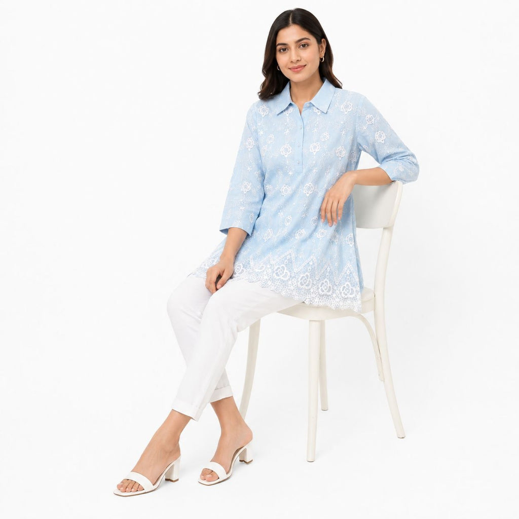 Women's Sky Blue Embroidered Tunic Top | Collared 3/4 Sleeve Lace Hem Casual Kurti-3