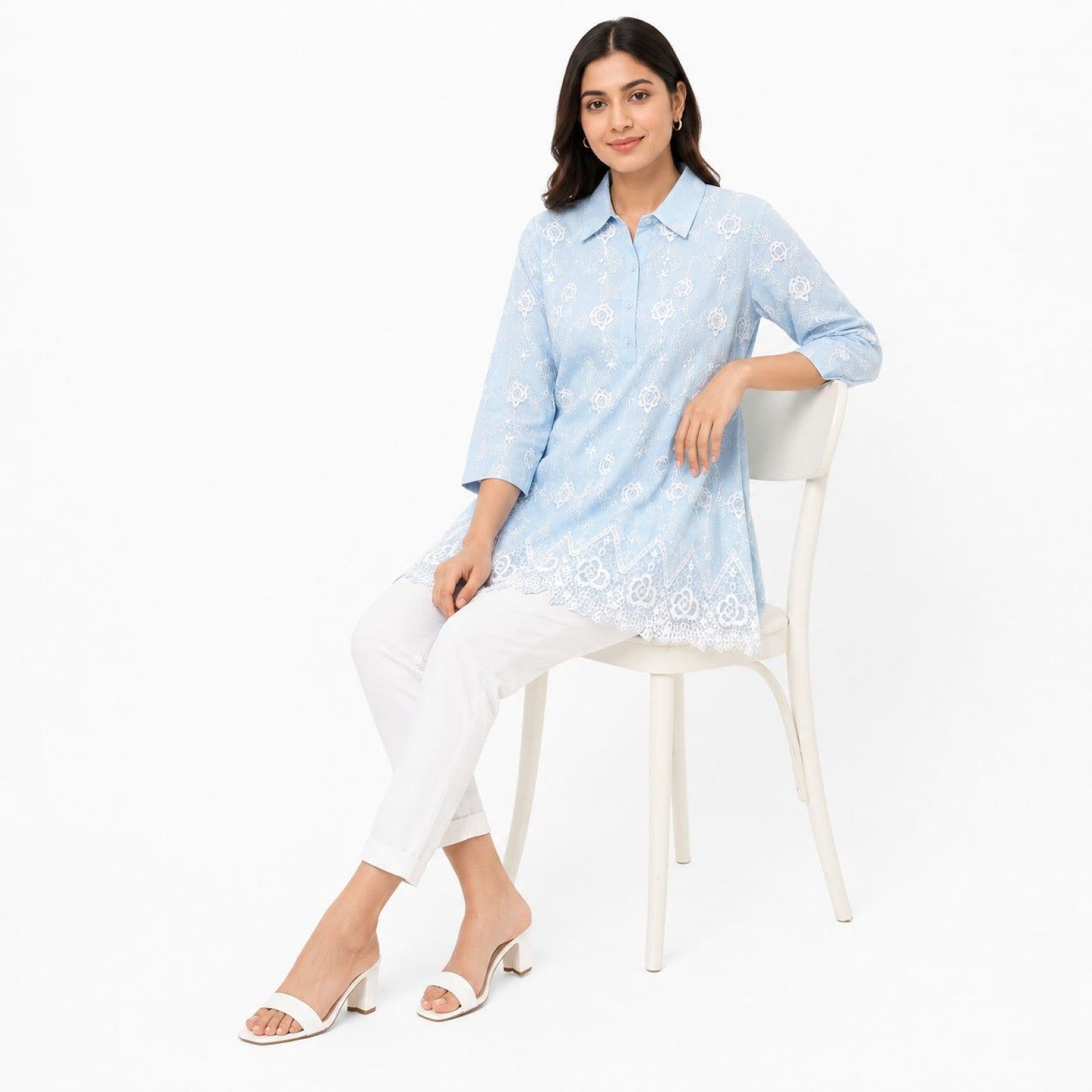 Women's Sky Blue Embroidered Tunic Top | Collared 3/4 Sleeve Lace Hem Casual Kurti-3