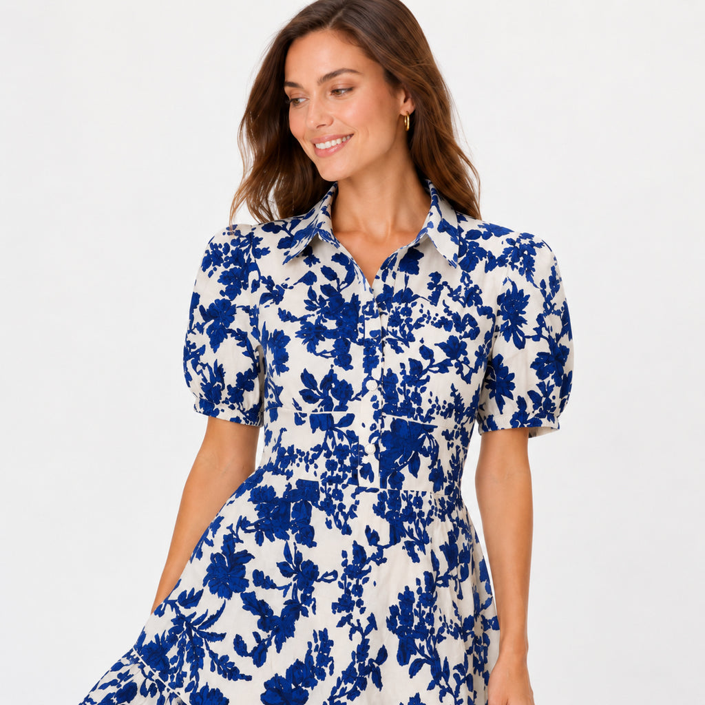 Women's Blue Floral Print Collared Puff Sleeve Fit and Flare Mini Dress | Elegant Casual Day Dress-2