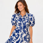 Women's Blue Floral Print Collared Puff Sleeve Fit and Flare Mini Dress | Elegant Casual Day Dress-2